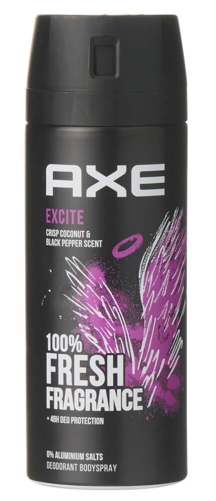 Ein schwarzes Axe Excite Deospray mit weißem Text und lila grafischen Akzenten, mit Duft von Kokosnuss und schwarzem Pfeffer.