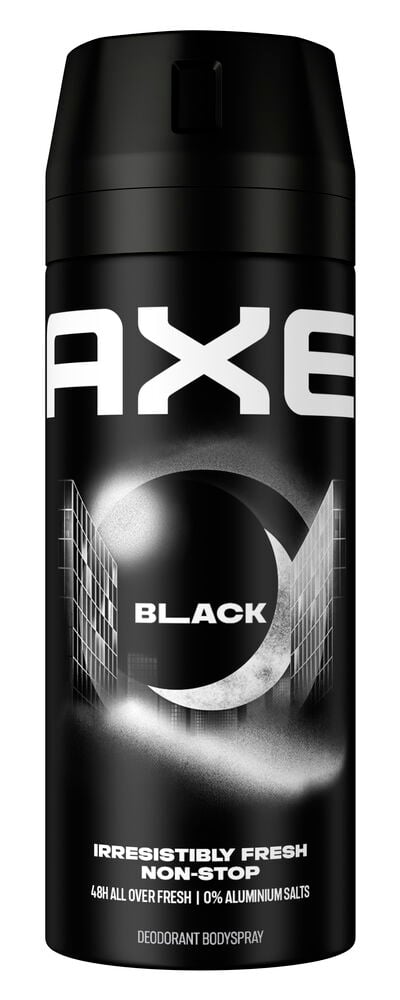 Musta Axe 150 ml deodoranttisuihke valkoisella tekstillä ja abstrakteilla mustavalkoisilla grafiikoilla.