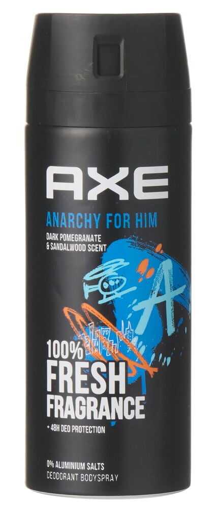 Deospray Axe 150 ml Anarchy for him Fresh, schwarze Dose mit blauen, orangen, weißen Grafiken, Vorderansicht.