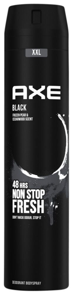 Svart Axe deosprayflaska för herr med vit text.