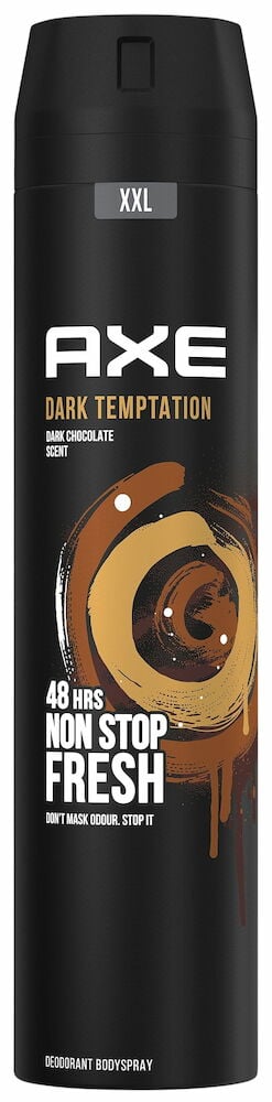 Svart aerosolsprayburk Axe Dark Temptation deodorant.