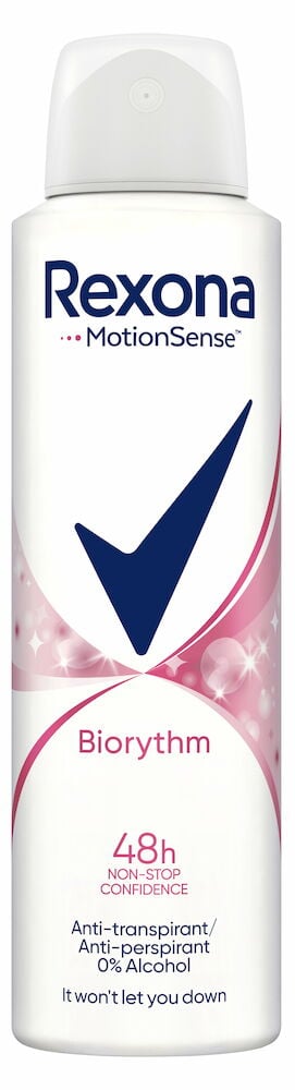 Vit och rosa Rexona deosprayflaska med plasthylsa.
