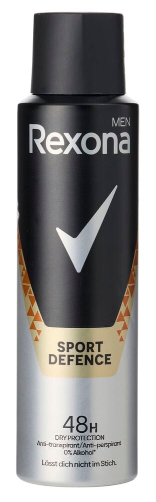 Schwarze und silberne Rexona 150 ml Men Sport Defence Deospraydose mit einem weißen Haken.