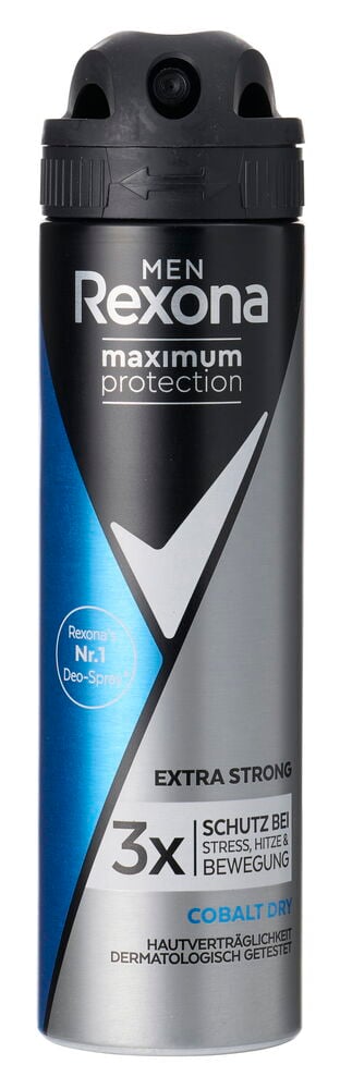 Eine schwarze, blaue und silberne Rexona 150ml Cobalt Dry Men Deospraydose mit schwarzem Deckel.