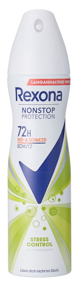 Eine weiße Deospray Rexona 150 ml mit blauem Häkchen und grünen Akzenten, Vorderansicht.