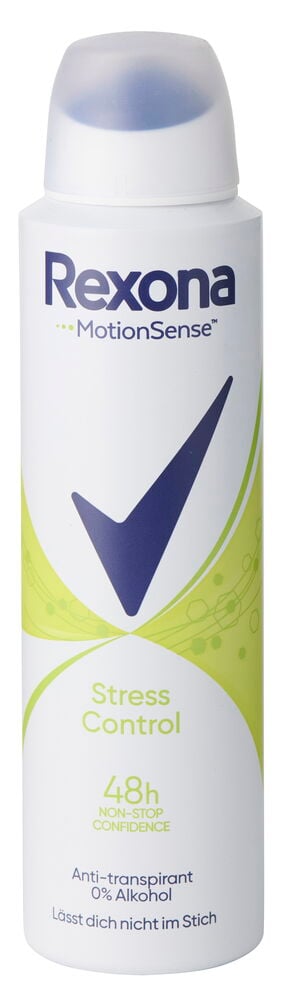 Eine weiße Rexona Deospray 150 ml Stress Control Anti-Transpirant Flasche mit transparentem Deckel und blauem Haken.