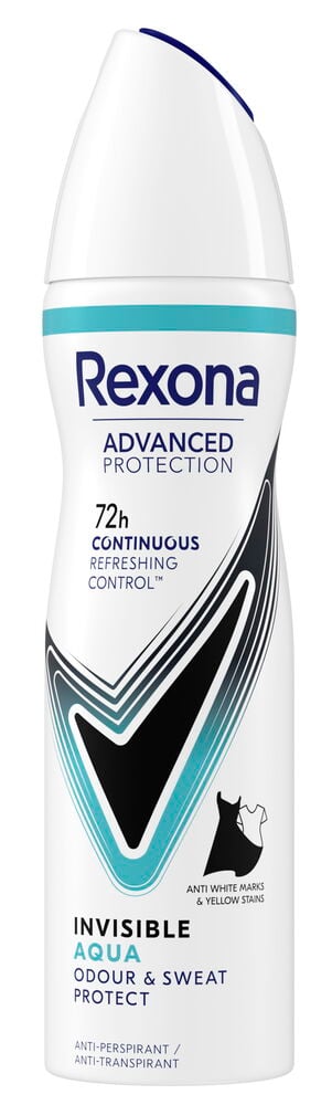 En vit konturformad aerosolsprayburk med blå och turkos märkning för Rexona Invisible Aqua deospray.