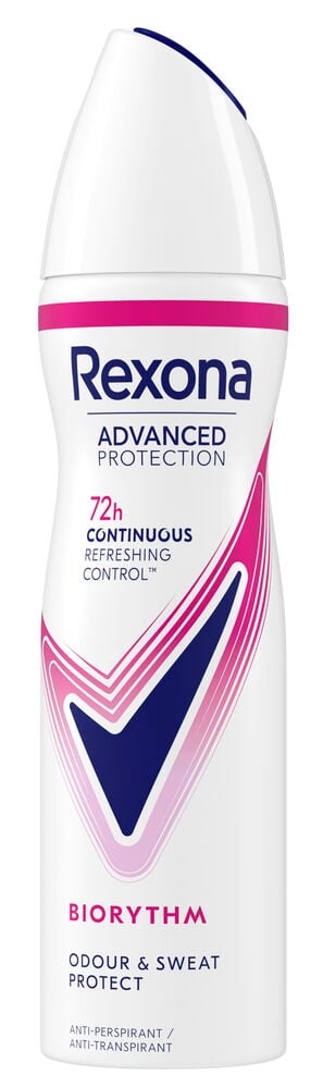 Deospray Rexona 150 ml Advanced Biorythm, en vit aerosolspray med rosa och blå detaljer, framifrån.