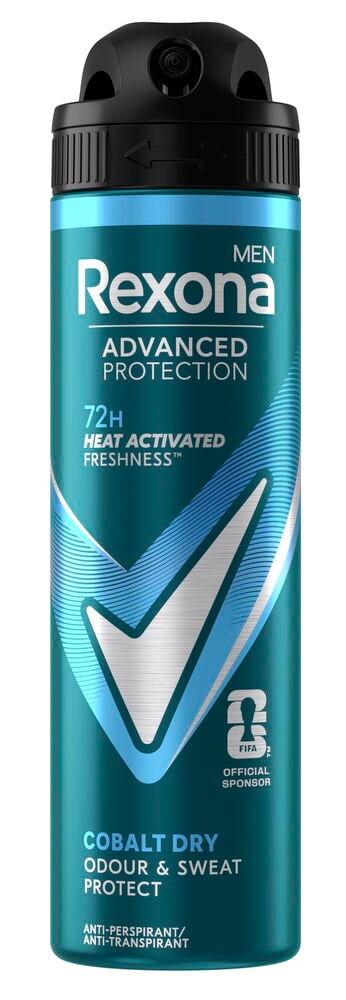 En turkos och blå Deospray Rexona Men Advanced Protection Cobalt Dry-flaska med svart kork.