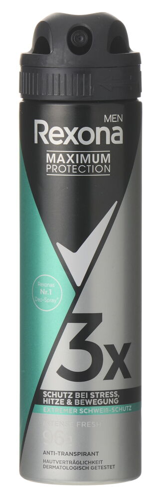 Schwarzes und silbernes Rexona 150 ml Deospray für Männer mit grünem Akzent und schwarzer Kappe.