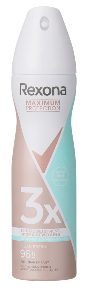 Deospray Rexona 150 ml Clean Fresh, eine weiße, pfirsichfarbene und türkise Antitranspirant-Sprühdose, Vorderansicht.