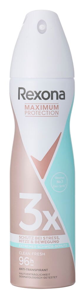 Eine weiß, rosa und hellblau gestaltete Rexona Maximum Protection Clean Fresh 150 ml Deosprayflasche.