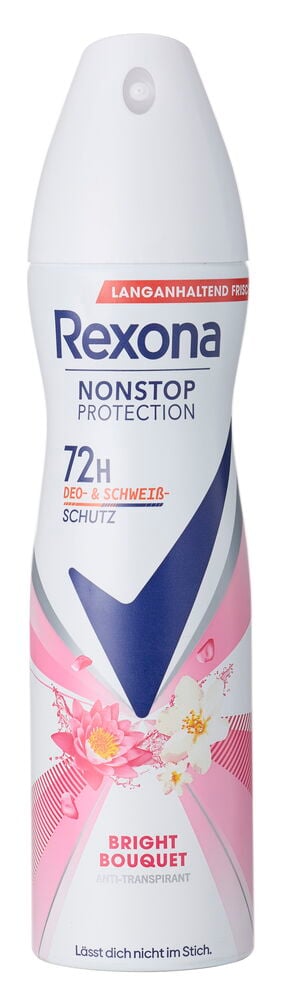 Deospray Rexona 150 ml Bright Bouquet, eine weiße Sprühflasche mit pinken und blauen Blumenmotiven.