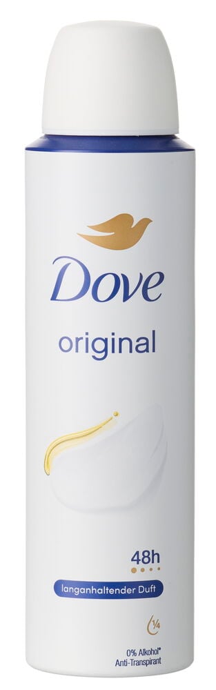 Deospray Dove 150 ml Original, eine weiß-blaue Dose mit weißer Kappe, goldenem Taubenlogo und '48h' Text.