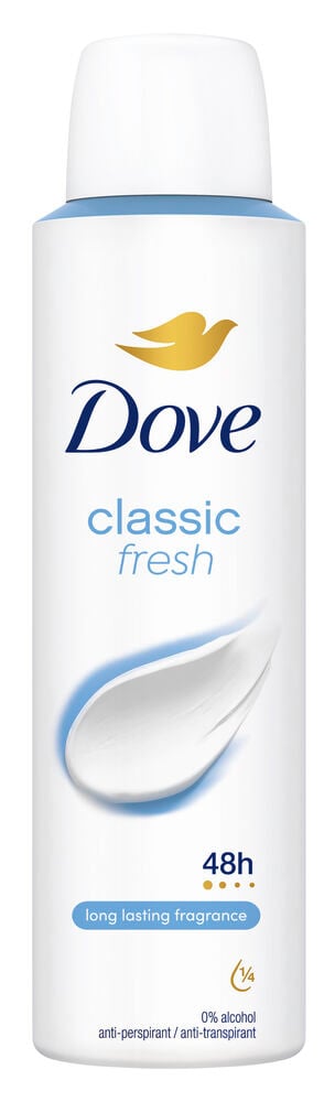 Vit deodorantsprayflaska med blå och gul text.