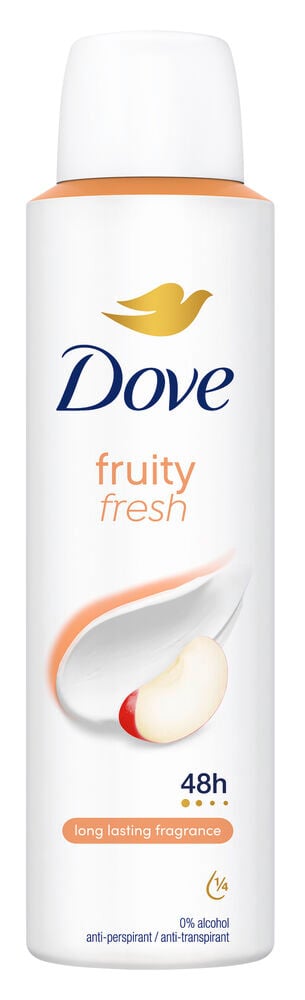 Vit Dove deosprayflaska med orange text och lock.