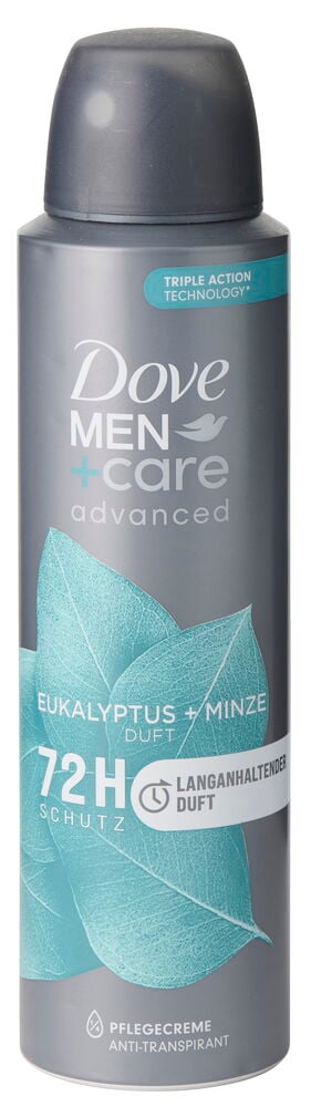 Graue Deospray Dove 150 ml Men+Care Advanced Eukalyptus Anti-Transpirant Dose mit dunkelgrauer Kappe.