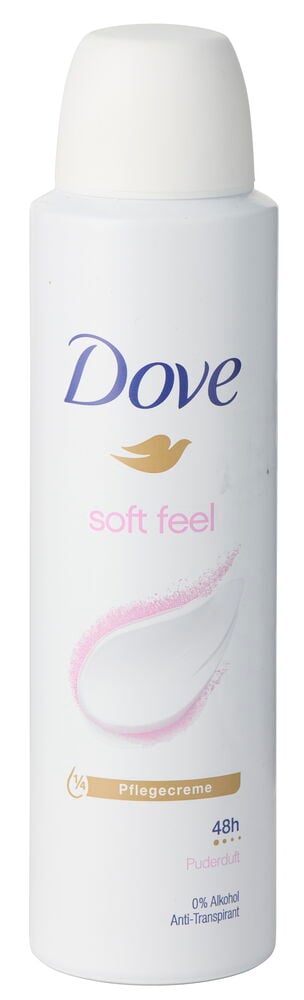 Weißes Deospray Dove 150 ml Soft feel mit blauem Logo, goldener Taube und rosa Text vorne.