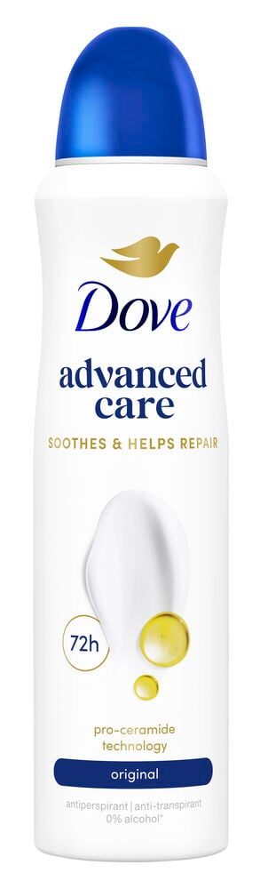 Vit Dove Advanced Care Original deospray med blå kapsyl och guldfärgad fågellogotyp.