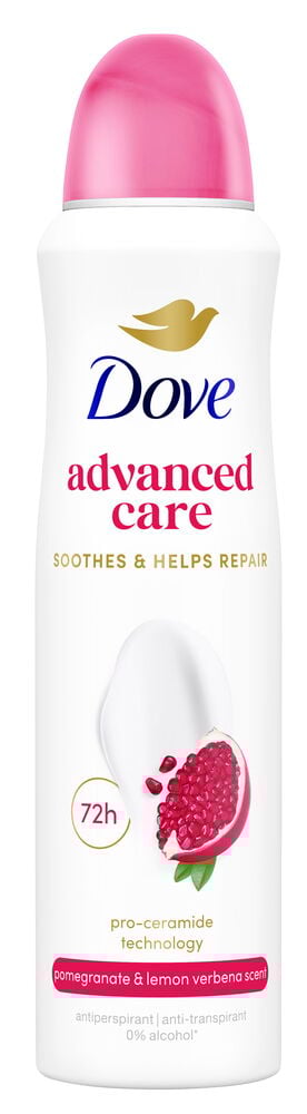 Vit Deospray Dove Advanced Care Pomegranate & Lemon Verbena med rosa kork.