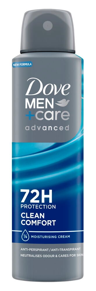 Deospray Dove 150 ml Advanced Care Clean Comfort, en grå och blå burk med transparent lock.