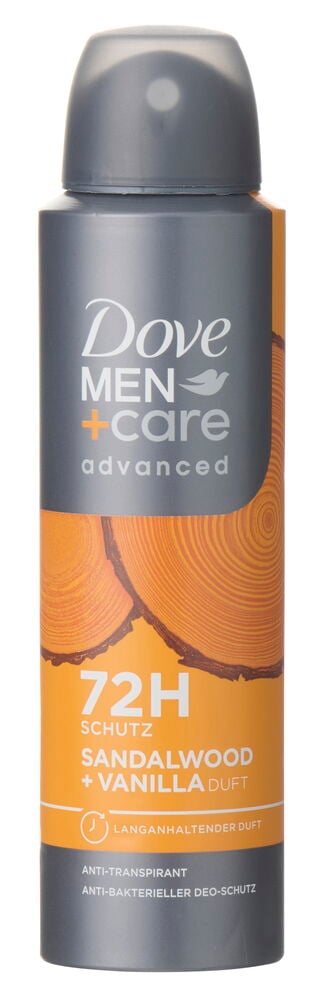 Ein graues und orangefarbenes Dove Men+Care Advanced 150ml Deospray mit Sandelholz- und Vanilleduft.