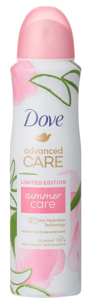 Deospray Dove 150 ml Advanced Summer Care, weiße Dose mit rosa Kappe, Blumen- und Blattmuster.
