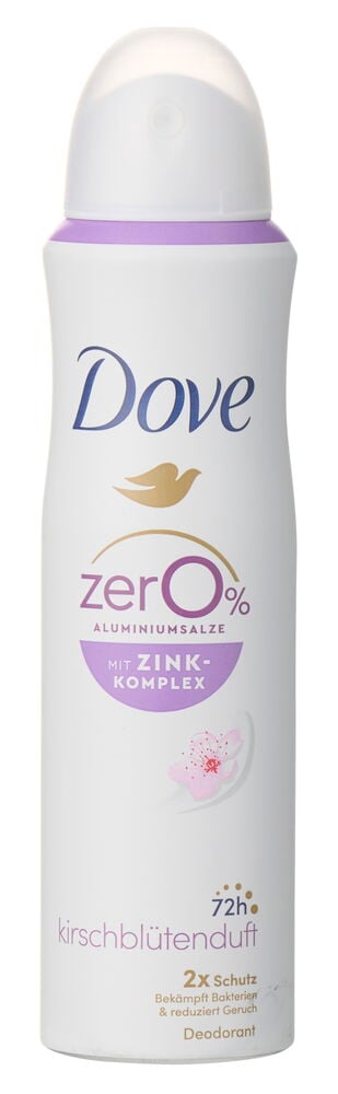 Deospray Dove 150 ml, eine weiße Flasche mit transparenter Kappe und lila Details.