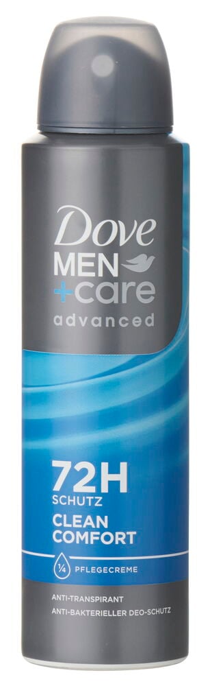 Deospray Dove Men+Care Advanced Clean Comfort, graue und blaue Dose mit durchsichtiger grauer Kappe.