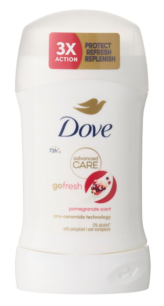 Weißer Dove Advanced Care Pomegranate Deostick mit 72h Schutz und 3X Wirkung, Vorderansicht.