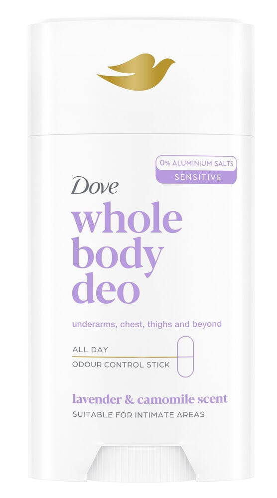 Hvit rektangulær Deodorant, stick Dove 75 ml Whole Body Lavender & Chamomile med gullfarget logo og lilla tekst.