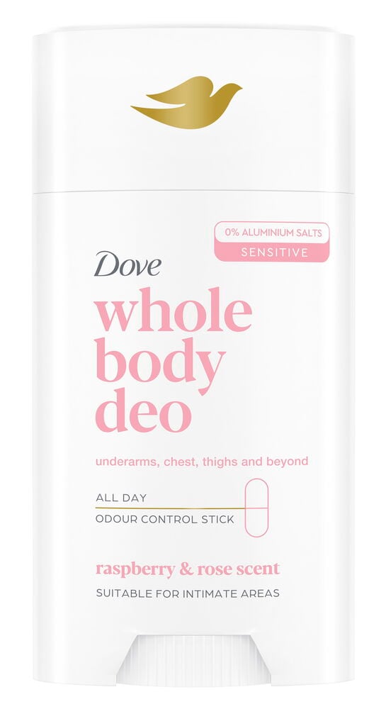 Hvit helkroppsdeodorantstick med rosa tekst, guldfarget fugleemblem, bringebær- og roseduft.