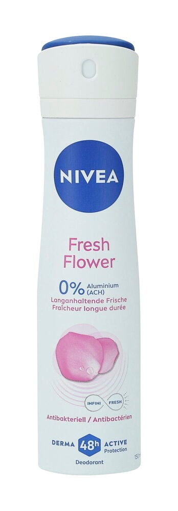 Weißes Nivea Deospray Fresh Flower mit blauer Kappe und rosa Blütenblatt-Grafik, 0% Aluminium.