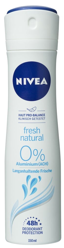 Weiße Nivea 150 ml Fresh Natural Deosprayflasche mit blauer Kappe und Etikett.