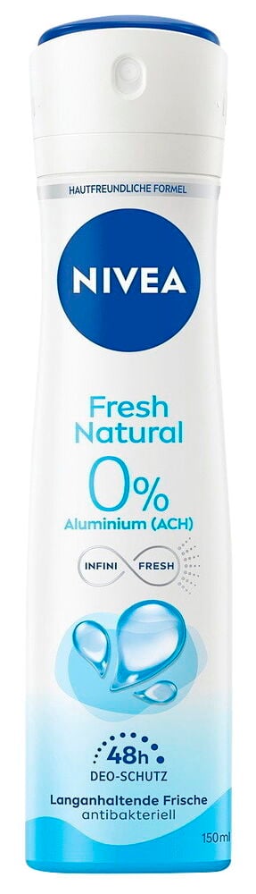 Deospray Nivea 150 ml Fresh Natural, weiße Sprühdose mit blauem Deckel und Logo, Vorderansicht.