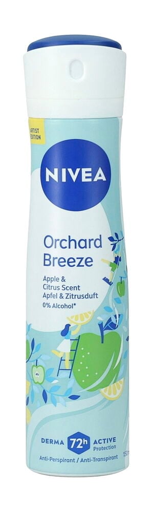 Ein Nivea Orchard Breeze Deospray, hellblau mit Apfel- und Zitrusmotiven, von vorne gezeigt.