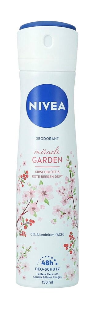 Deospray Nivea 150 ml Miracle Garden Cherry Blossom, eine weiße Flasche mit blauer Kappe und Blumen-Beeren-Muster.