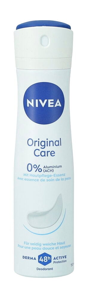 Weiße Nivea 150 ml Original Care 0% Deosprayflasche mit blauem Deckel, Vorderansicht.