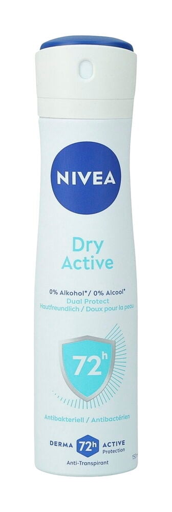 Weiße Deospray Nivea 150 ml Dry Active Flasche mit blauem Deckel und Etikett, Vorderansicht.