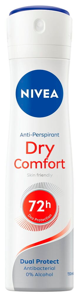 En hvit Nivea Dry Comfort 72H deodorant spray, 150 ml, med en blå kork.