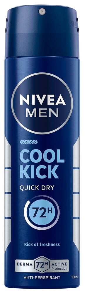 Mørkeblå Nivea Men Cool Kick 72H deodorant spray, 150ml, med sølv og lyseblå detaljer.