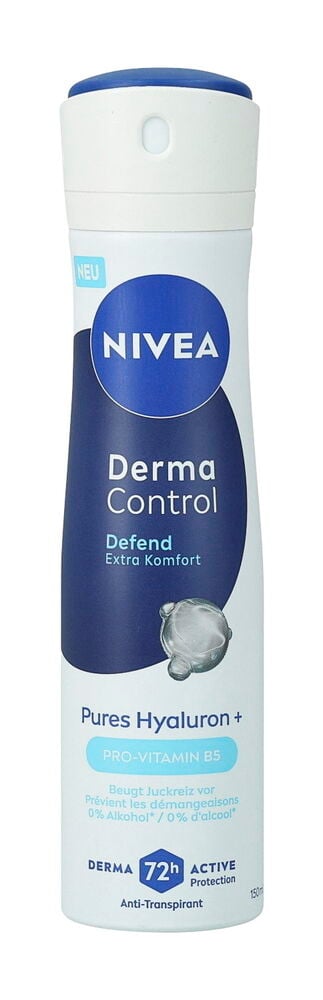 Eine weiße und blaue Nivea Derma Care Defend 150ml Anti-Transpirant Deosprayflasche.