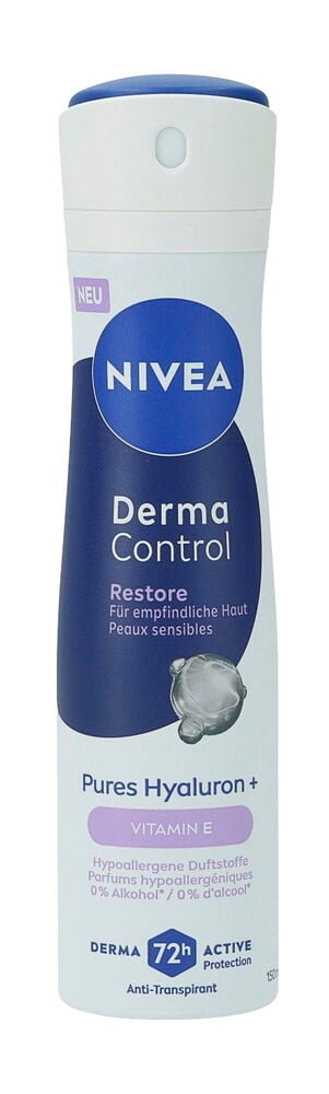 Weiße Deospray Nivea 150 ml Derma Care Restore Flasche mit blauem Deckel und dunkelblauem Etikett.