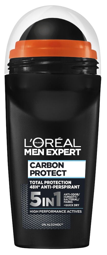 Svart och silver roll-on deodorant med orange lock.