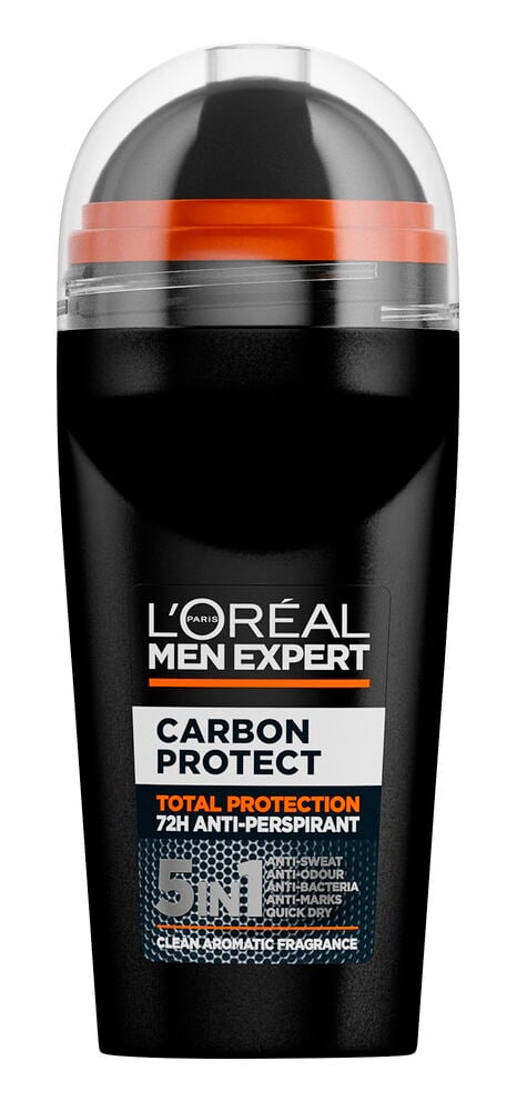 L´Oréal Men Expert 50 ml Carbon Protect 5 in 1 Deo, Roll-on, schwarz mit orangefarbenem Band und klarer Kappe.
