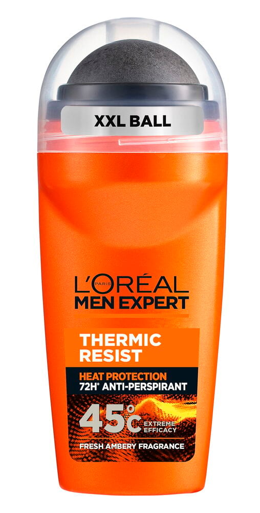 L´Oréal Men Expert Thermic Resist Deo Roll-on, orange mit grauem XXL-Kugelapplikator und transparenter Kappe.