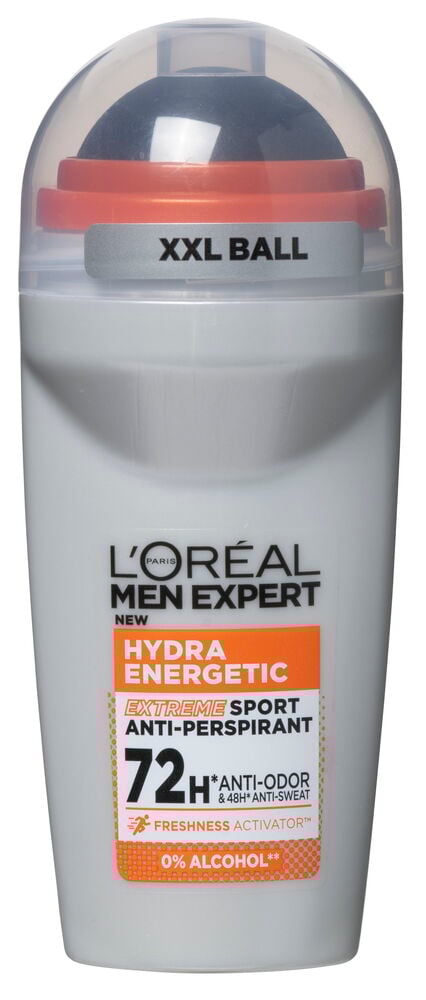 Vit och orange roll-on herrdeodorant med plastlock.