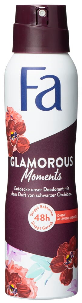 Deospray Fa 150 ml Glamorous Moments, eine weiß-dunkellila Sprühdose mit floralen Grafiken.