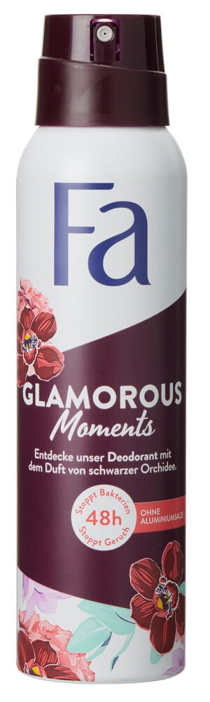 Ein weißes und dunkles rötlich-lila Fa Glamorous Moments 150 ml Deospray mit Blumen-Orchideenmuster, Vorderansicht.
