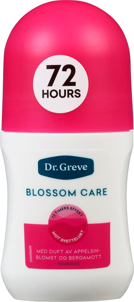 Hvit Dr Greve Blossom Care roll-on deodorant med fuchsia kork, en blå etikett og en 72 HOURS-etikett.